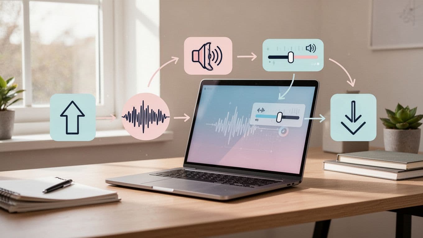 Modern illustration of a step-by-step workflow diagram converting text input to voice output in a web browser, featuring simple icons for upload, listen, speed adjust, and download on a single laptop desk setting.