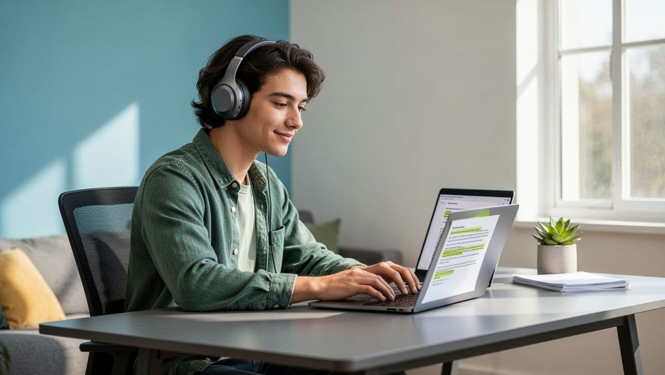 A young professional sits at a modern home office desk with an open laptop displaying a document with subtle word highlighting, wearing wireless headphones, and showing a relaxed focused expression while listening to audio. Bright natural light illuminates the clean illustration in soft blues, greens, and warm neutrals.