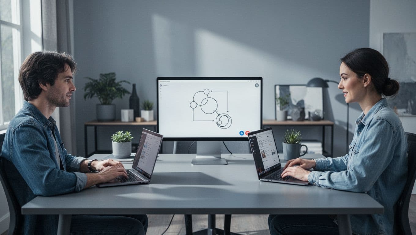Illustration of three remote workers on laptops casually participating in a Slack Huddle audio call, with one sharing a simple decision flowchart on screen, in a modern style with cool blues and grays.