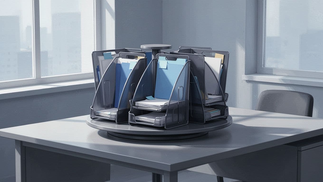 Modern illustration of three email inboxes in a rotating carousel on a simple office desk with soft window light, using clean shapes and a blues/grays palette. It illustrates the safe rotation of multiple sending inboxes without people, text, or extra objects.