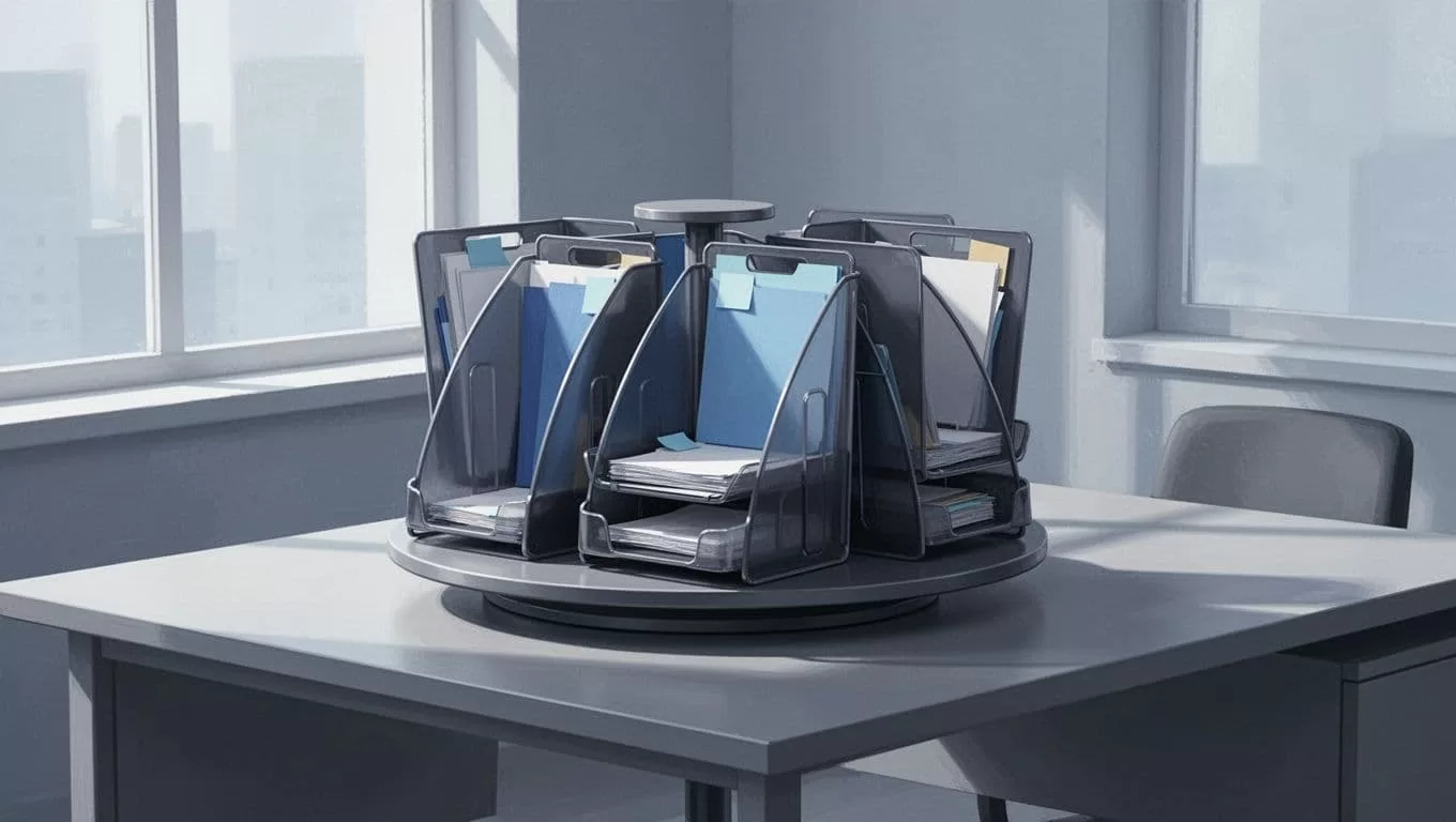 Modern illustration of three email inboxes in a rotating carousel on a simple office desk with soft window light, using clean shapes and a blues/grays palette. It illustrates the safe rotation of multiple sending inboxes without people, text, or extra objects.