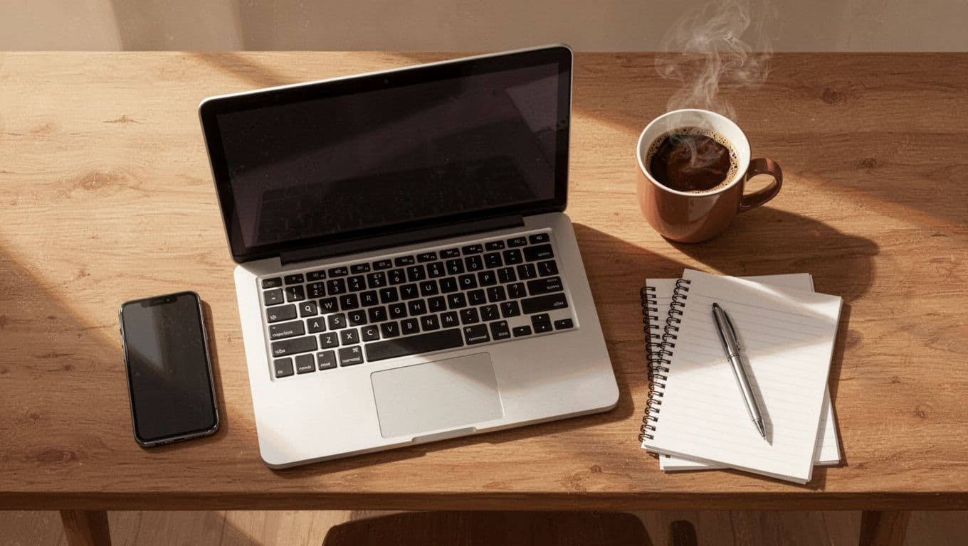 Overhead illustration of an organized wooden desk workspace with open laptop, smartphone, steaming coffee mug, notepad with pen, morning sunlight, warm earthy tones, clean modern style.