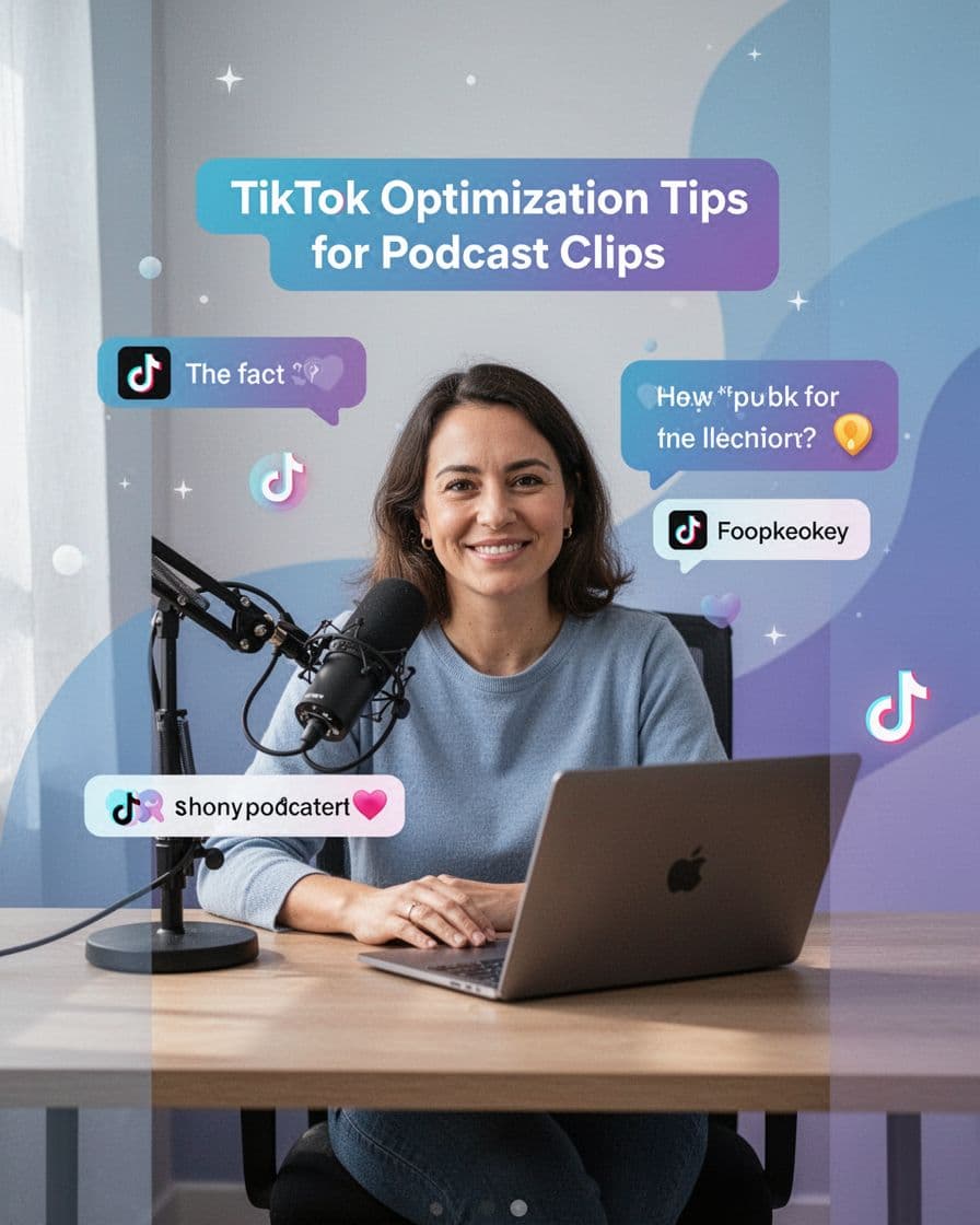 Modern illustration of a podcaster at a desk with microphone and laptop in vertical TikTok video style, featuring floating caption bubbles and hook elements with soft natural lighting.