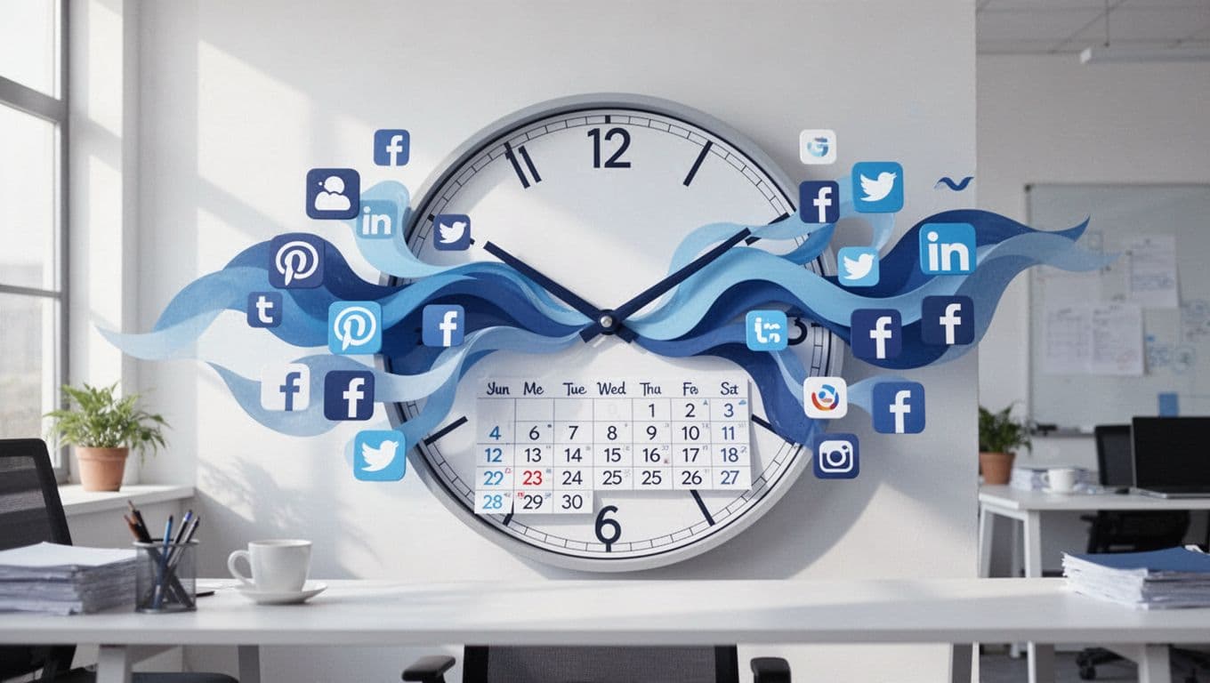 Modern illustration featuring a clock face with hour hands morphing into social media icons like Instagram reels, LinkedIn posts, and Twitter birds, flowing into a calendar against a simple office background.