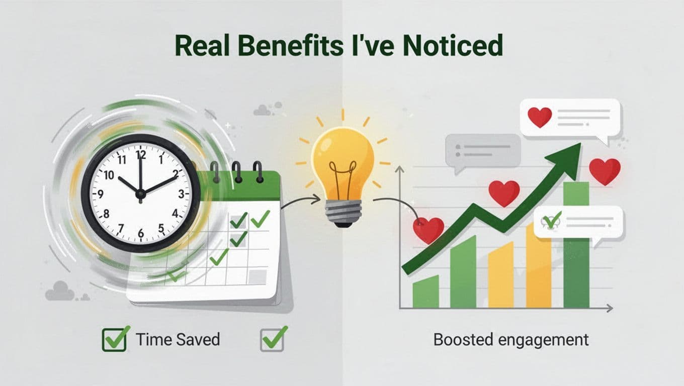 Split-scene illustration featuring a fast-spinning clock and calendar with checkmarks on the left for time savings, an upward arrow graph with hearts and comments on the right for engagement growth, connected by a lightbulb, in a modern style with greens and yellows.
