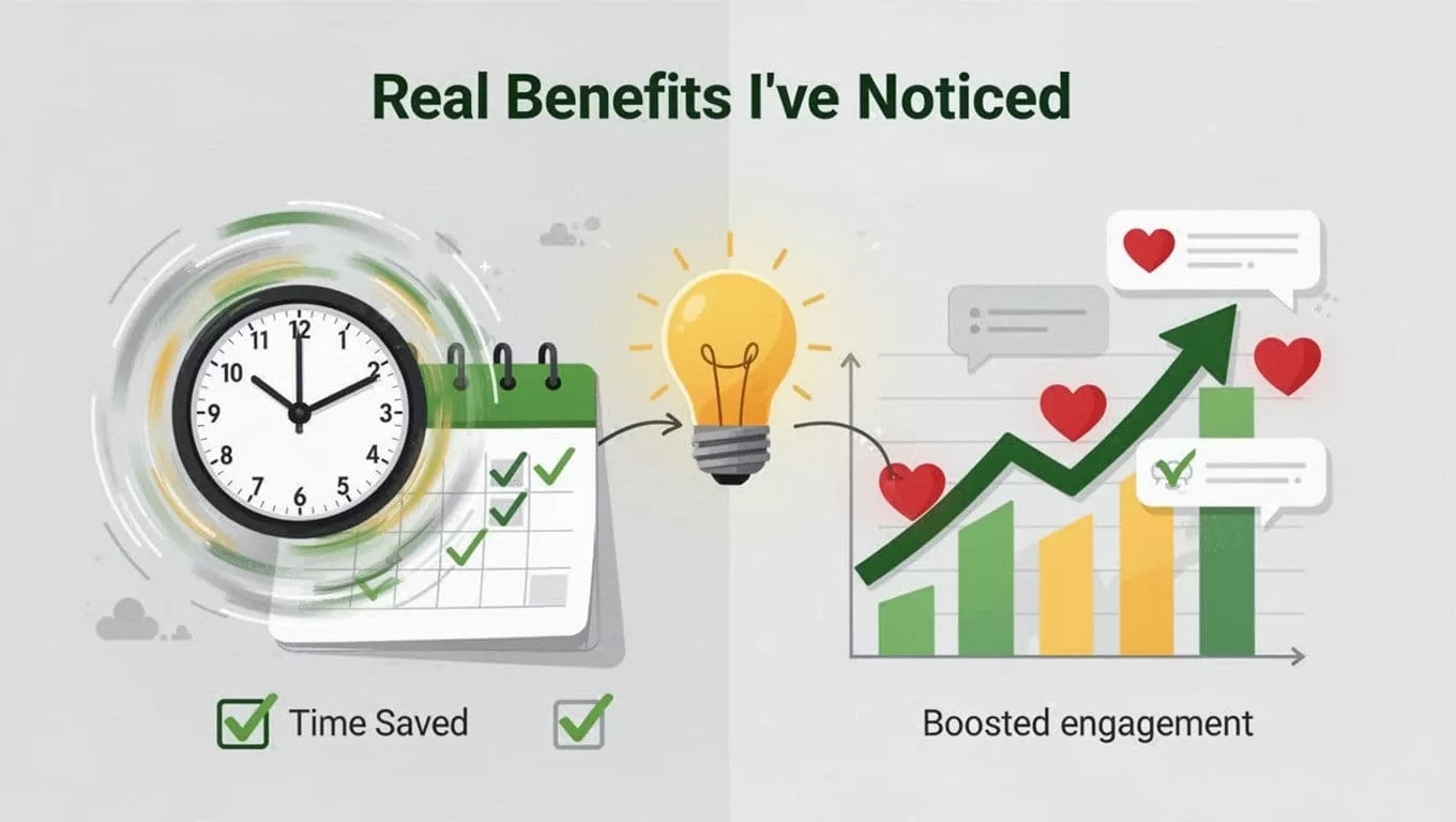 Split-scene illustration featuring a fast-spinning clock and calendar with checkmarks on the left for time savings, an upward arrow graph with hearts and comments on the right for engagement growth, connected by a lightbulb, in a modern style with greens and yellows.