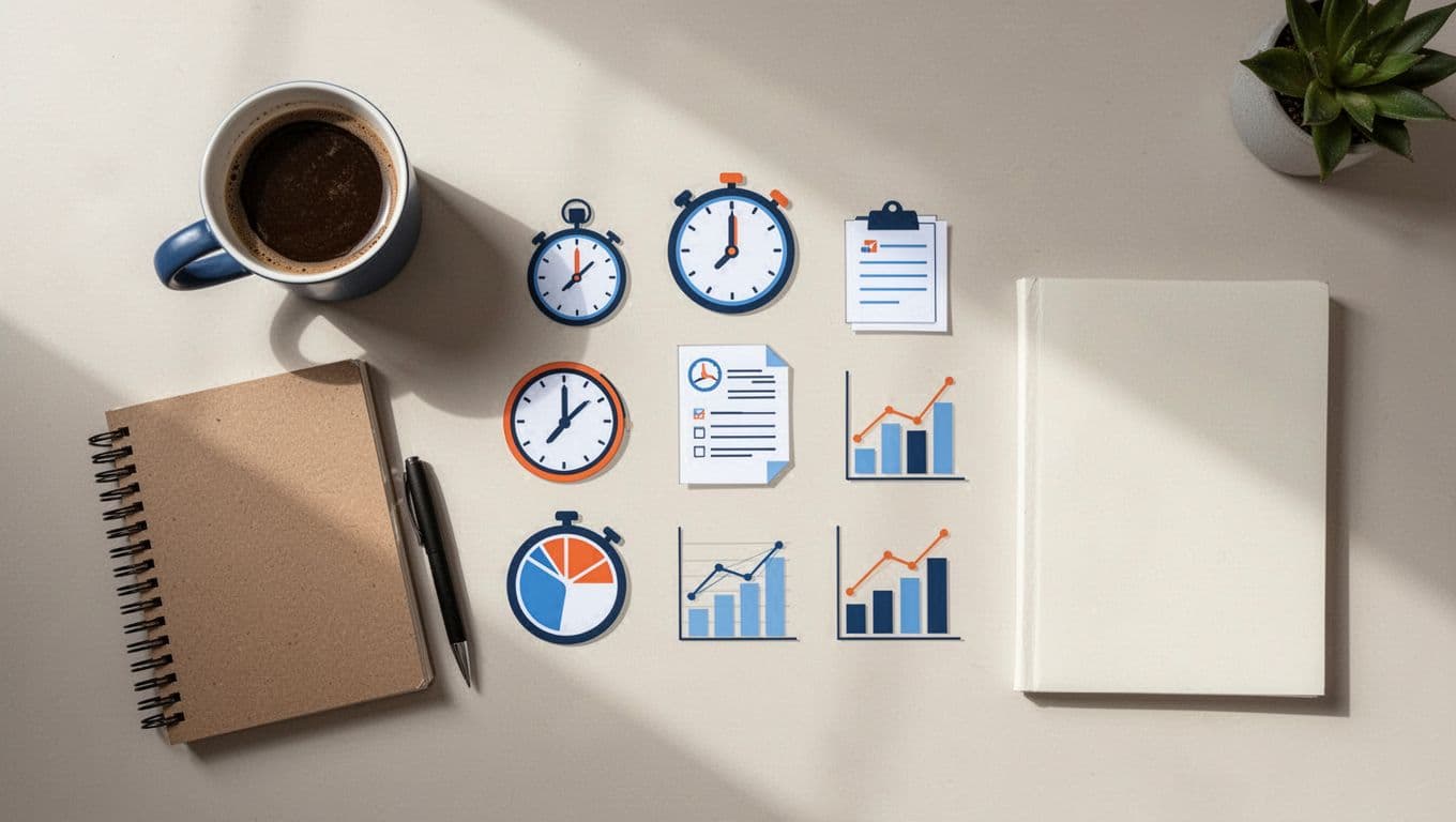 Simple flat lay of a modern desk with neatly arranged icons representing time tracking app features like timers, reports, and charts, plus a coffee mug and notebook in the corner. Illustrated in a clean style with soft lighting, neutral palette accented by blue and orange.