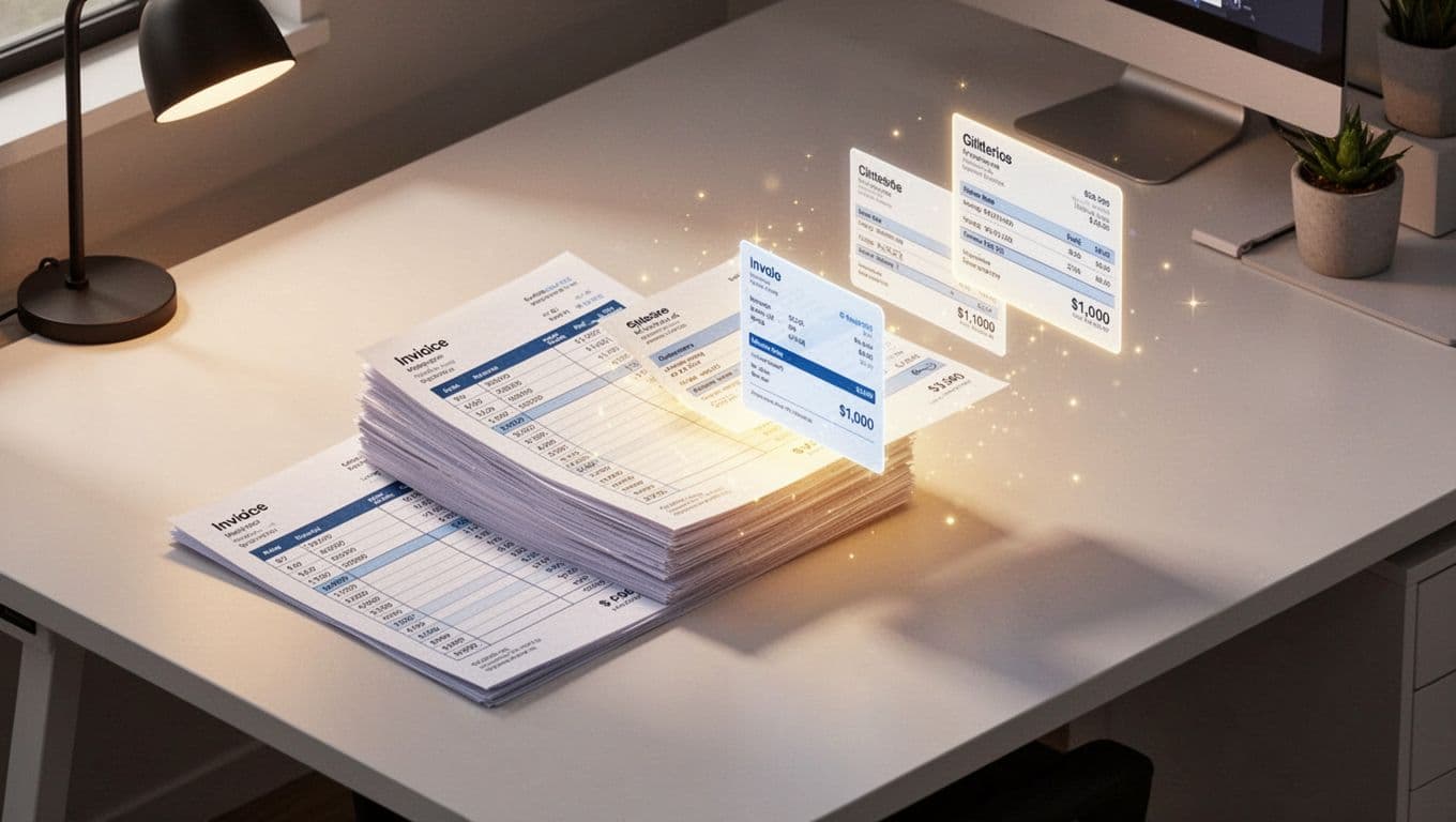 Isometric stack of timesheets on clean desk fades into digital invoice screens under warm office lighting.