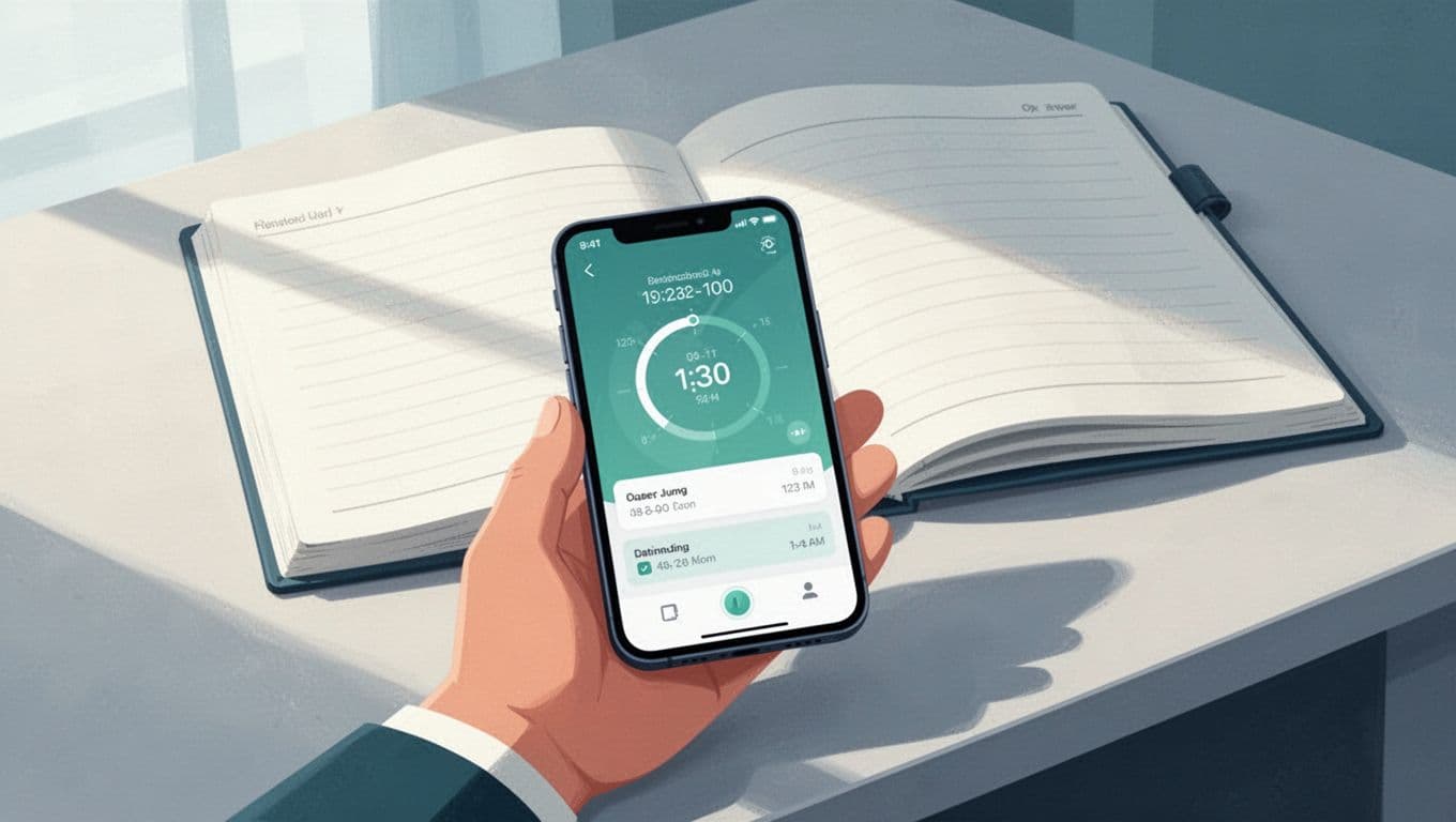 Modern illustration of a mobile phone screen showing Toggl Track app open to client project time entry, held in hand on a table with notebook in a bright blue-green workspace.