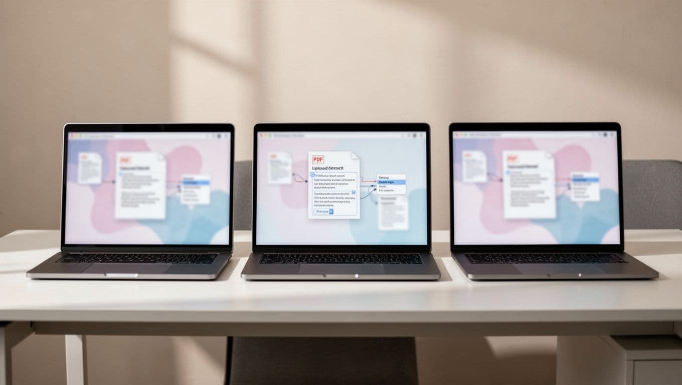Modern illustration of three OCR app interfaces on laptops side-by-side, showing PDF upload and text extraction on an office desk with soft lighting and neutral background.