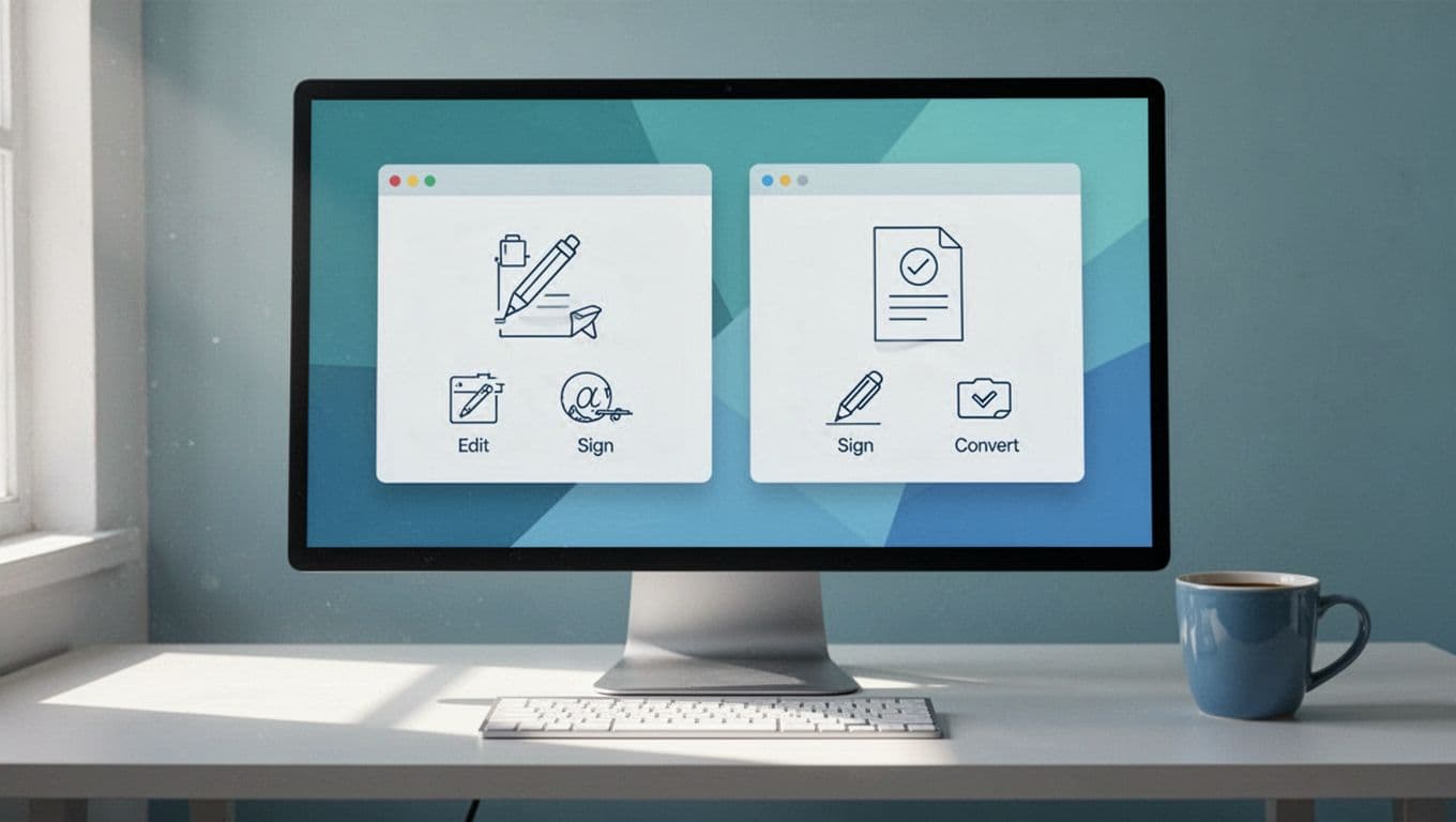 Modern illustration in blue-green tones showing side-by-side comparison of PDF apps on a desktop screen with edit, sign, and convert icons, set on a simple workspace desk with coffee mug.