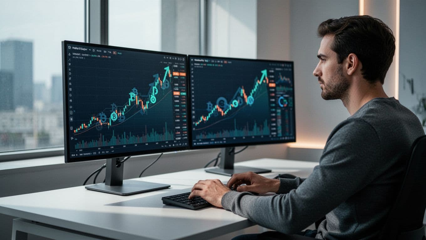 Illustration of a focused trader in a modern office viewing dual monitors displaying the Exploding Topics dashboard with rising search growth graphs for crypto sectors like DePIN, AI crypto, and RWAs.