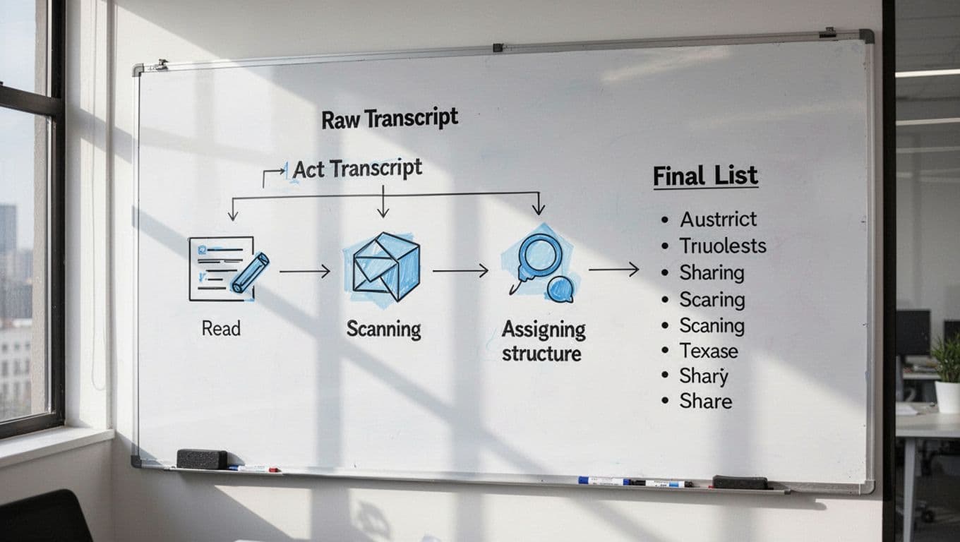 Modern illustration on a whiteboard showing a flowchart of steps from raw transcript to final action items, with arrows connecting stages like read, scan, assign, structure, and share, using simple icons in an office setting with window light and no people.