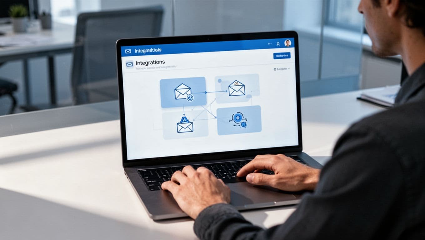Person at desk uses laptop showing Transistor dashboard with abstract email integration icons.
