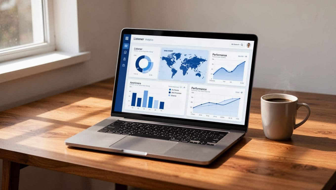 Laptop on wooden desk displays podcast analytics dashboard with charts, listener maps, and graphs; coffee mug beside it.