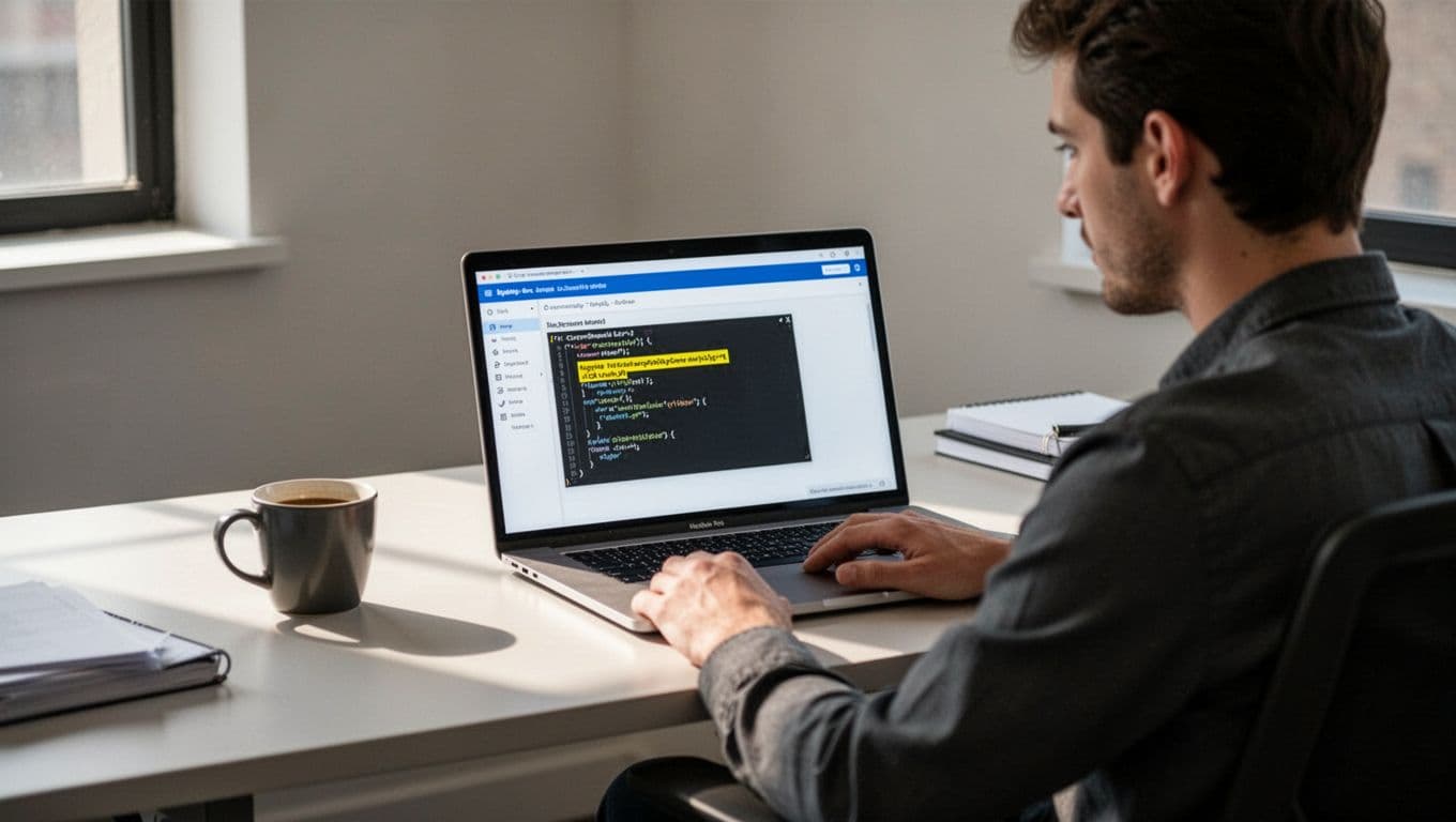 Modern illustration featuring a laptop screen on the Transistor.fm dashboard showing a podcast show page with the highlighted embed code section for multi-episode player and copy button, viewed by one person at a simple office desk with coffee mug.