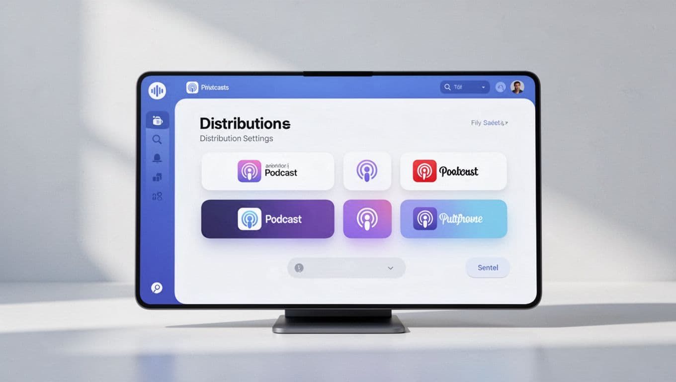 Illustration of podcast dashboard distribution page with buttons for Apple Podcasts, Spotify, and YouTube.