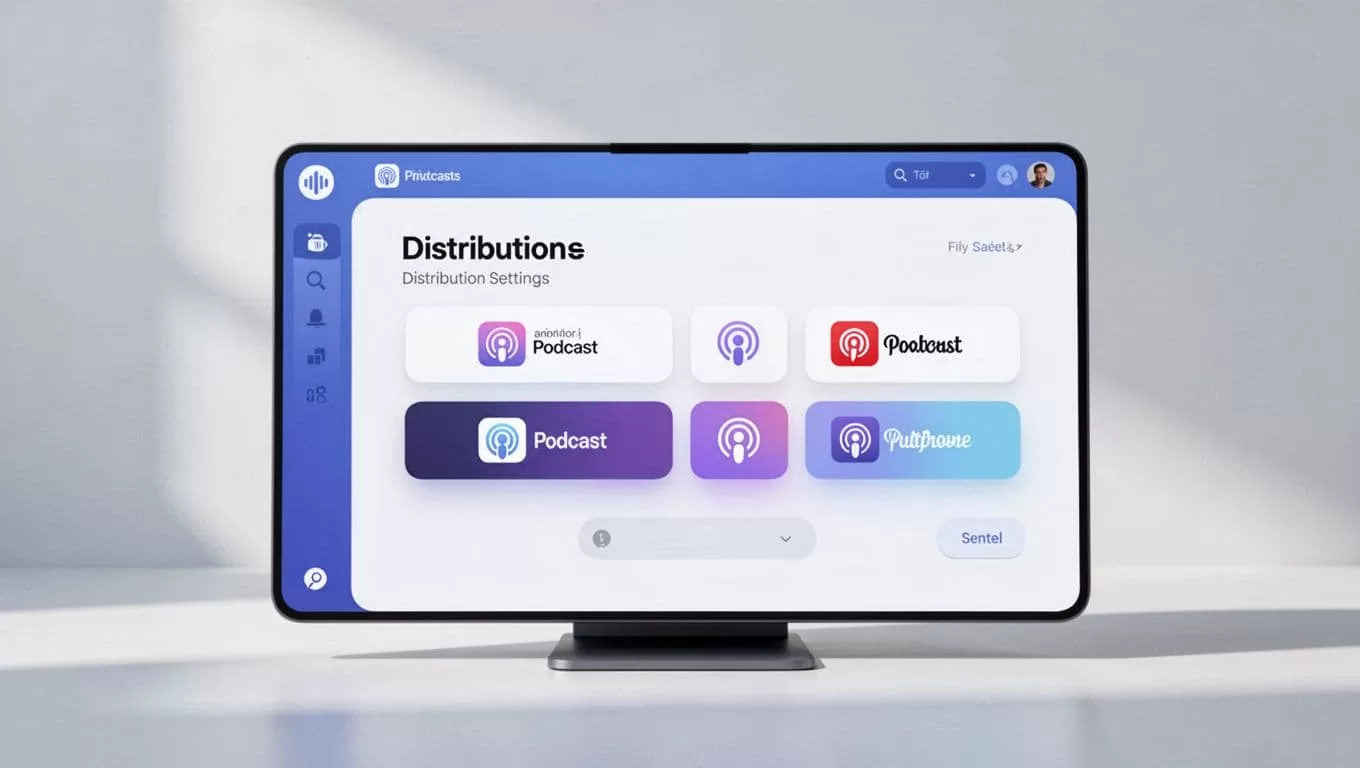 Illustration of podcast dashboard distribution page with buttons for Apple Podcasts, Spotify, and YouTube.