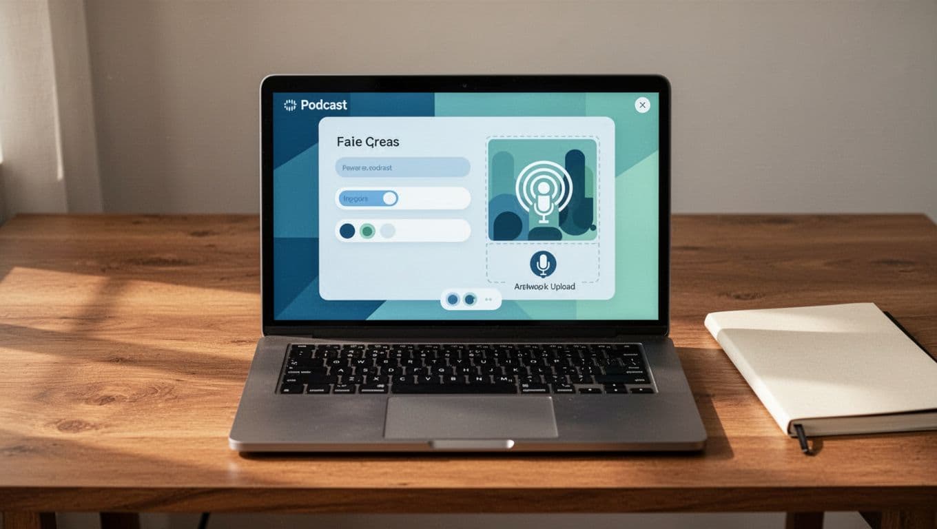 Modern illustration of a laptop screen showing the clean setup interface for adding a new podcast show in Transistor.fm, featuring input fields and artwork upload area, on a wooden desk with a notebook beside it.