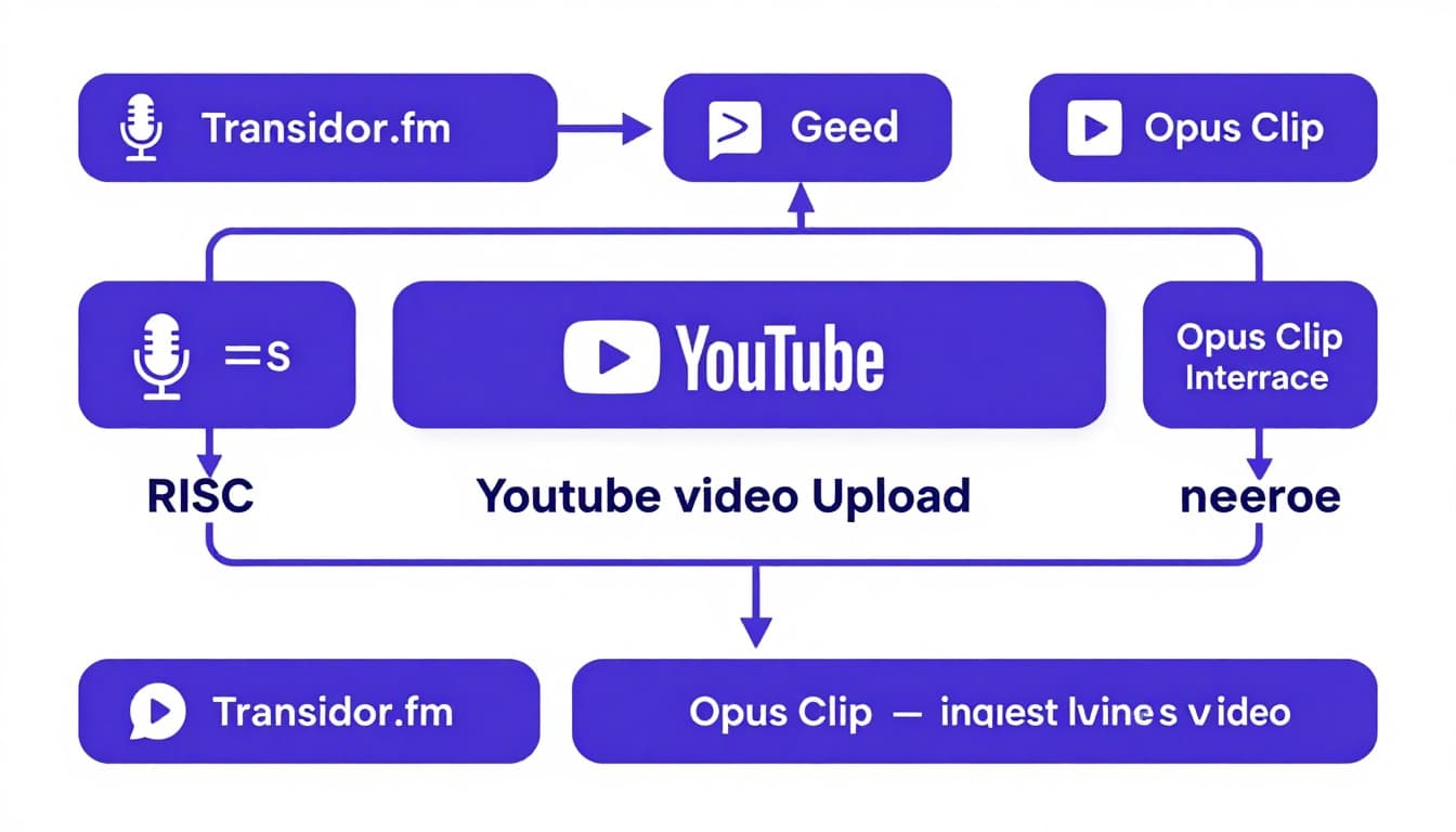 Modern icon-based flowchart showing podcast microphone to Transistor.fm dashboard, RSS feed to YouTube upload, then Opus Clip generating short clips from long videos.
