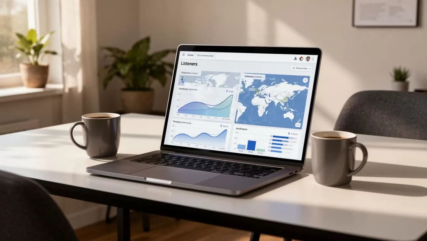Laptop on modern desk displays Transistor.fm analytics dashboard with listener graphs and maps, coffee mug nearby.