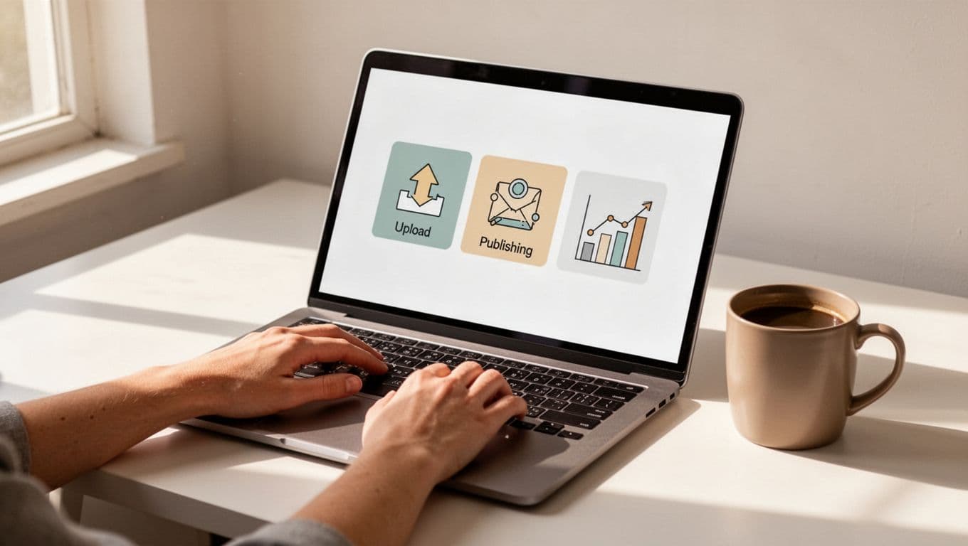 Angled laptop screen shows Transistor.fm dashboard with upload, publish, analytics icons; workspace has coffee mug and relaxed hand on keyboard.