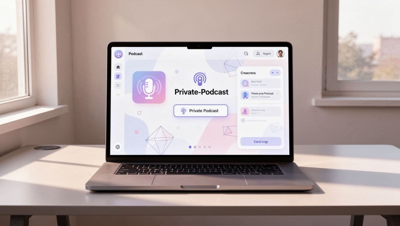 Laptop on modern desk shows Transistor.fm dashboard with private podcast option selected.