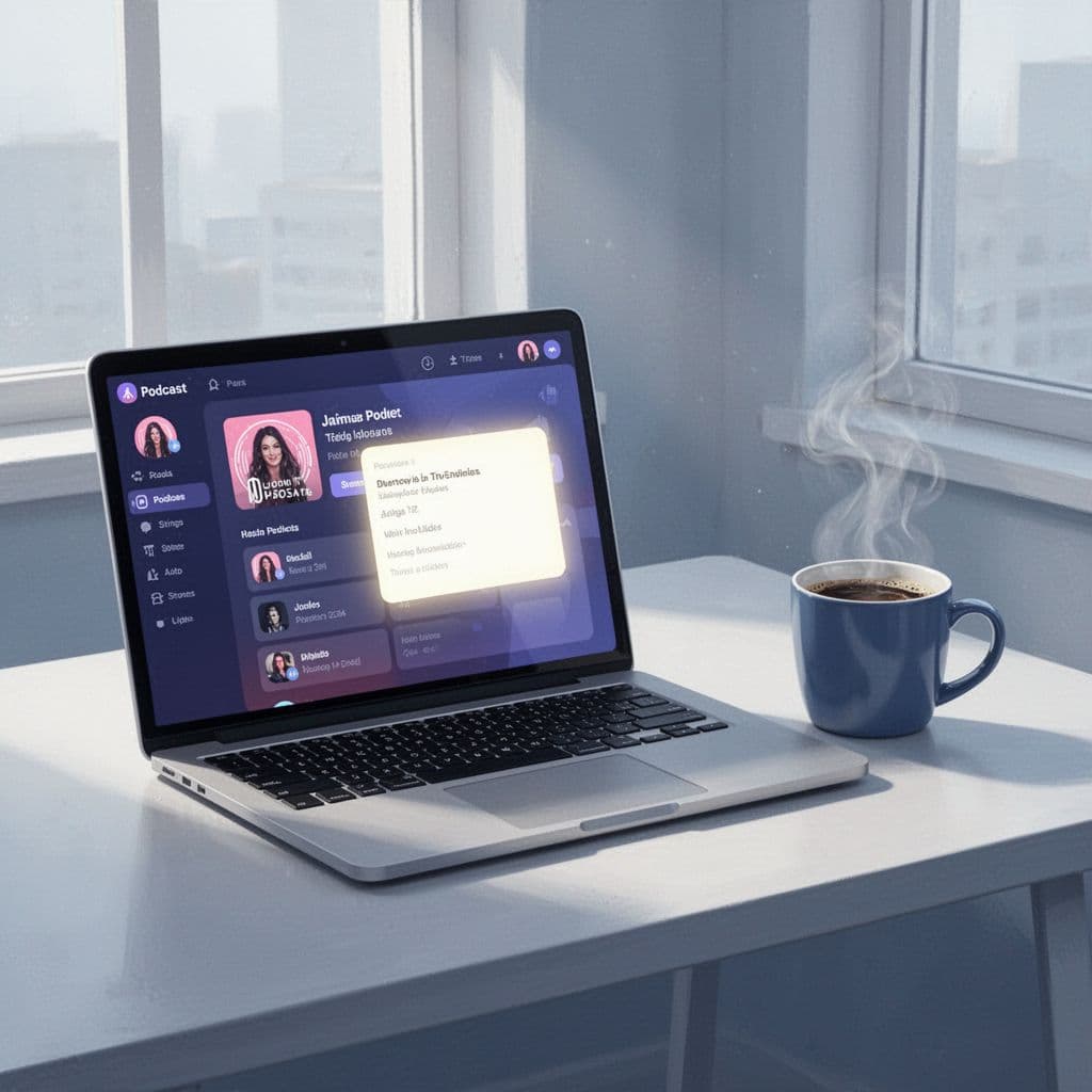 Open laptop on desk shows Transistor.fm dashboard with highlighted RSS feed area next to steaming coffee mug in daylight.