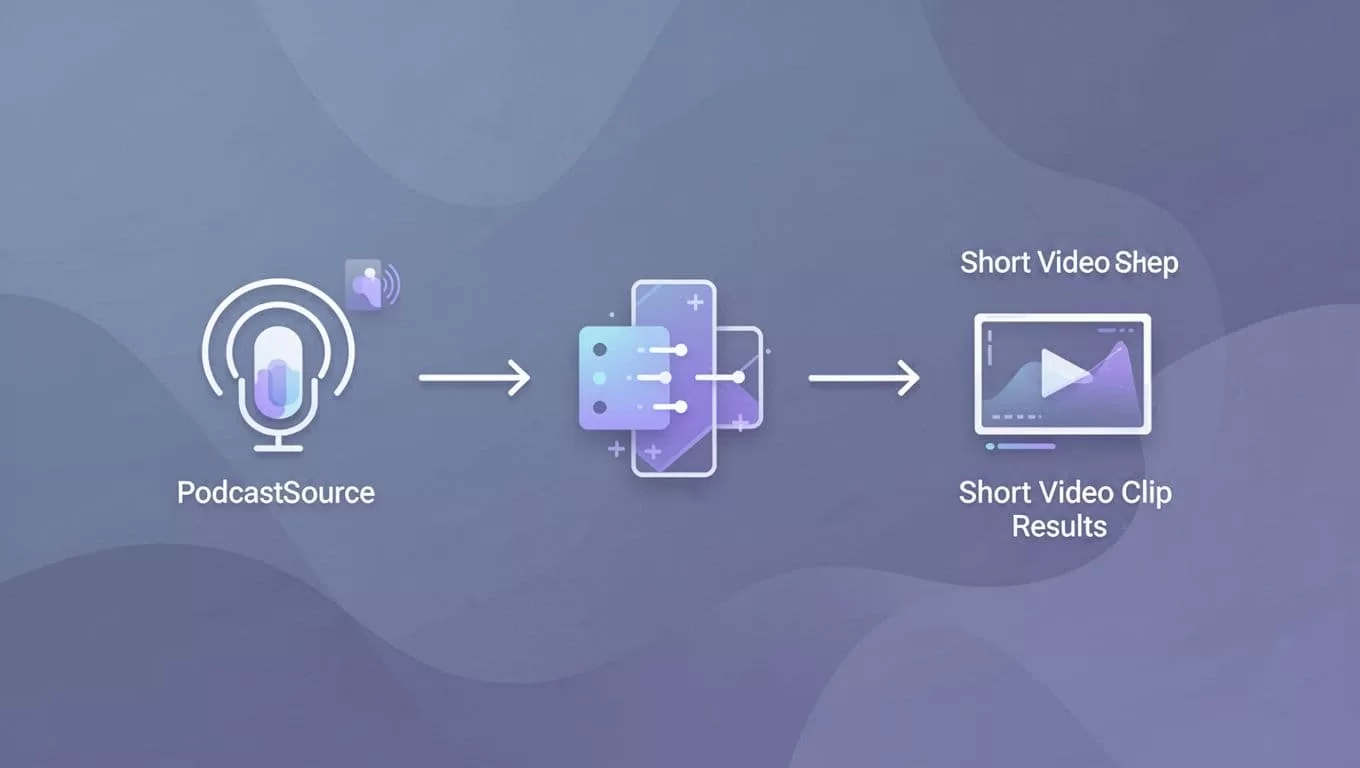 Modern illustration in clean shapes and blue-purple palette depicting a flowchart: podcast RSS feed from Transistor.fm to Opus Clip input, outputting generated short video clips with simple icons.