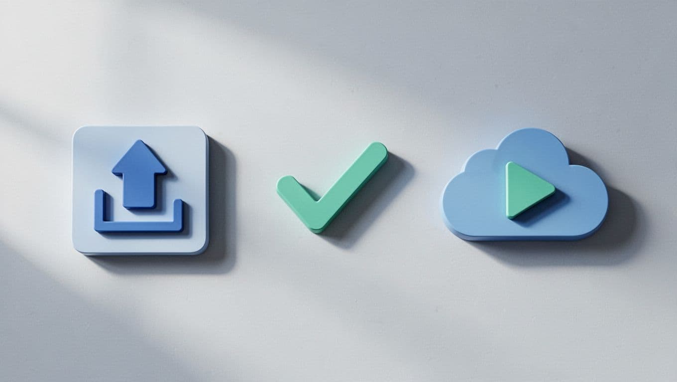 Modern illustration showing the RSS feed submission process to Spotify using Transistor.fm interface with numbered steps 1-3, clean flowchart icons including artwork upload and validation checkmark in blue-green palette.