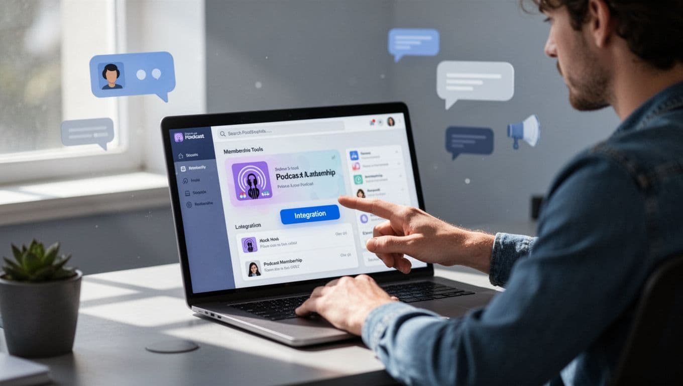 Hand points relaxed to integration button on blurred laptop screen showing Ghost CMS and Transistor, subtle chat icons in background.