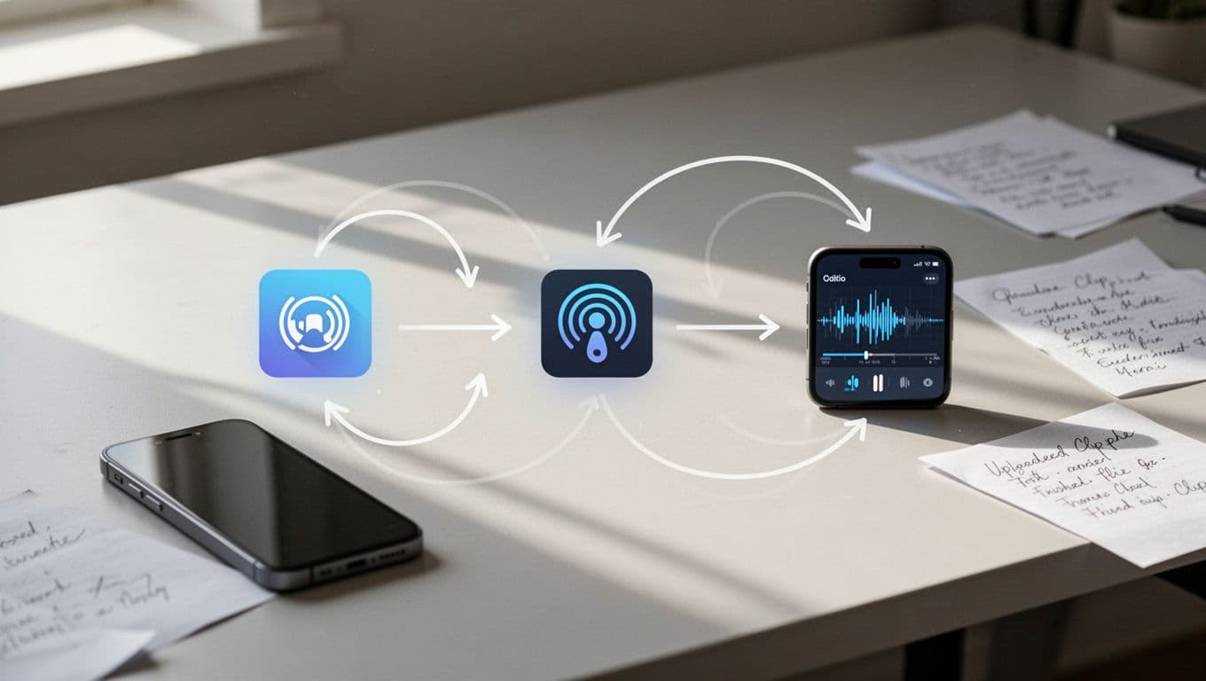 Modern illustration showing step-by-step icons and arrows for automating podcast workflow from Transistor.fm uploads to Opus edited clips, with a clean desk setup including phone and notes.