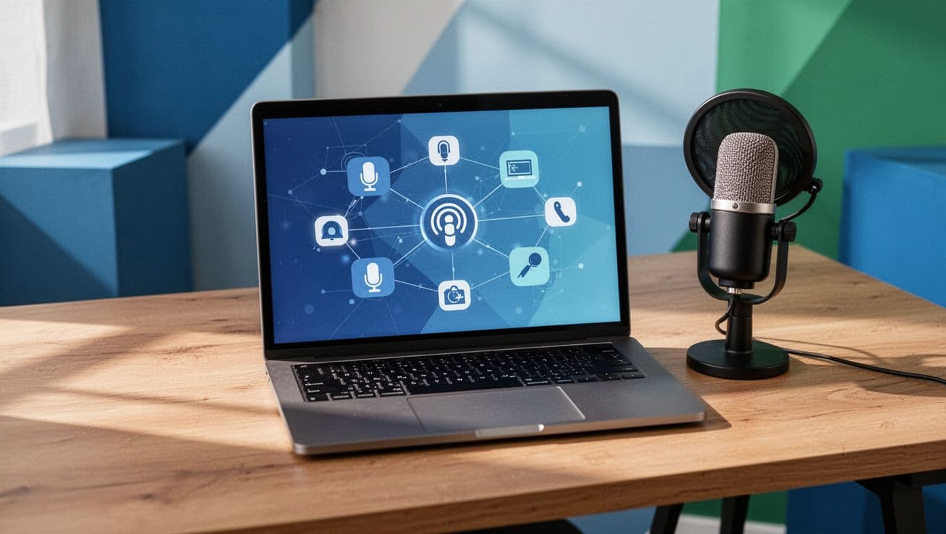 Laptop on wooden desk shows Transistor dashboard icons connected to Zapier, Spotify, Mailchimp, Google Analytics icons, podcast mic nearby.