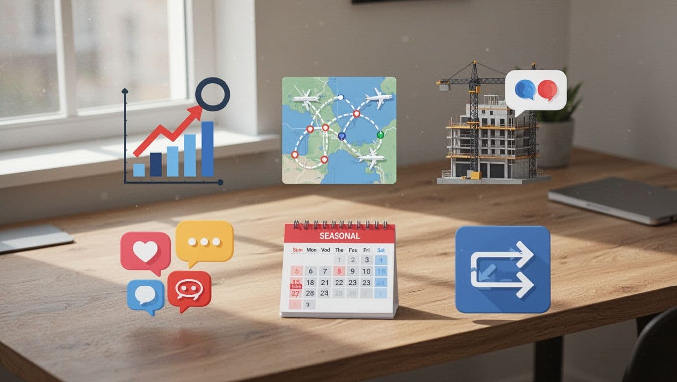 Modern illustration of validation signals for travel trends featuring icons like rising search graphs, airplane routes, hotel constructions, social media notifications, seasonal calendars, and intent arrows in a clean infographic style on a desk.