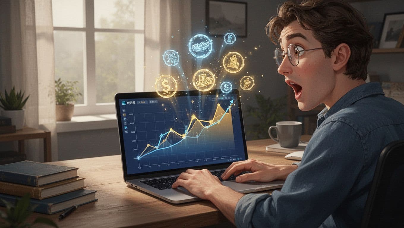Modern illustration of a treasure hunter using a laptop to discover glowing product icons emerging from a trend graph on the Exploding Topics dashboard, in a cozy home office with soft natural lighting and a controlled blues and golds palette.