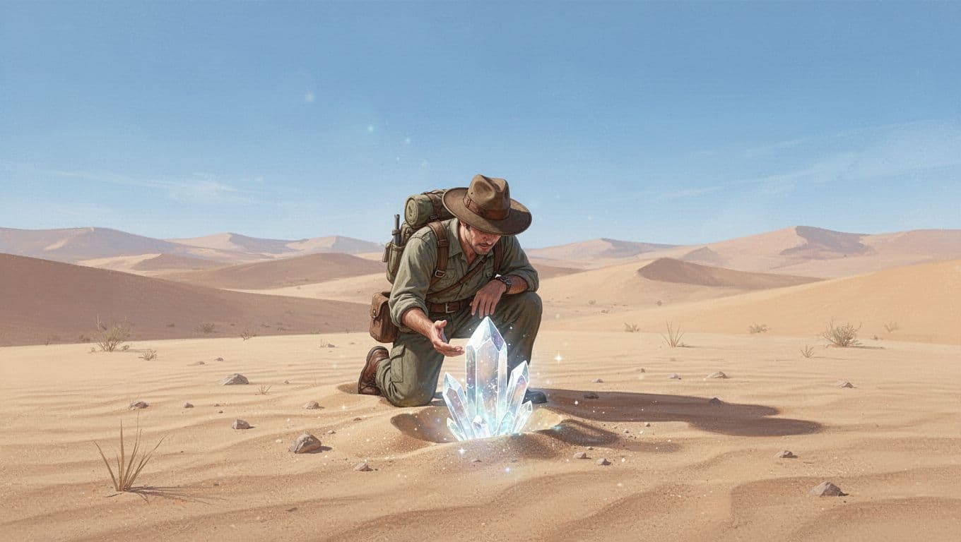 Modern illustration of a treasure hunter kneeling to examine a shiny crystal emerging from the sand in a vast desert under a clear blue sky.