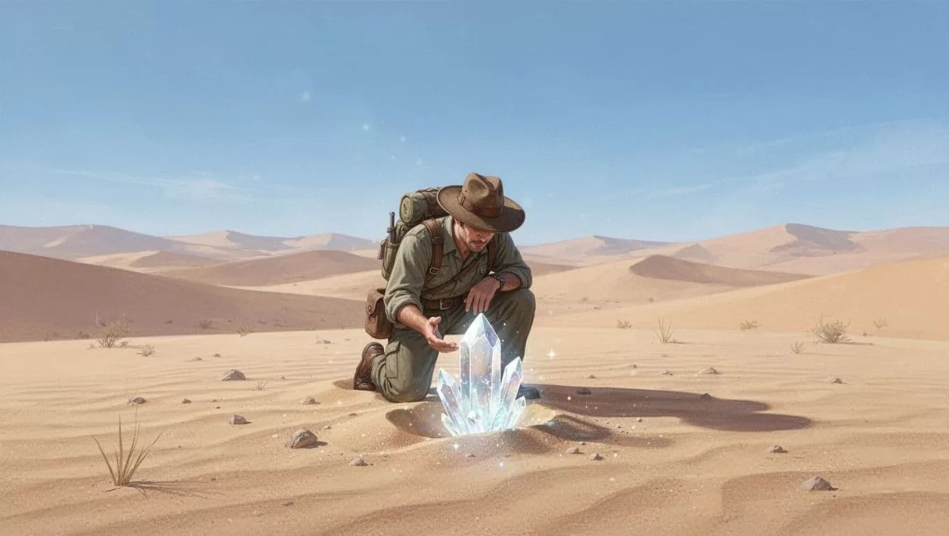 Modern illustration of a treasure hunter kneeling to examine a shiny crystal emerging from the sand in a vast desert under a clear blue sky.