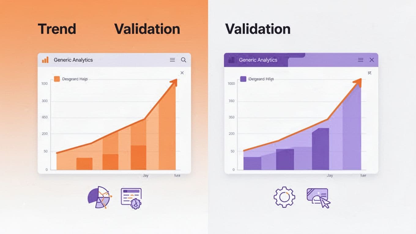 Modern illustration of trend validation process featuring split-view comparison of growth curves from tools like Google Trends and social icons, using clean shapes in controlled orange and purple colors.