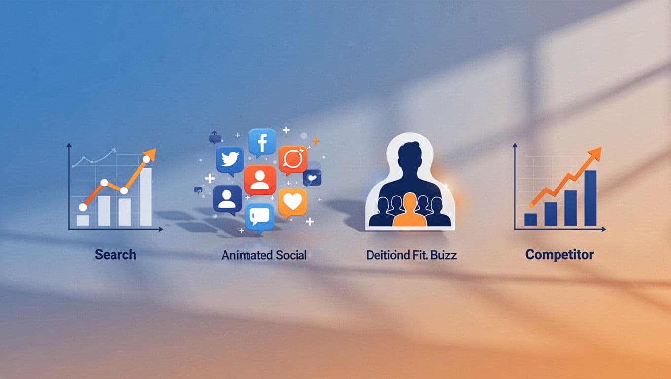 Horizontal sequence of four modern icons depicting trend validation: rising search graph, buzzing social media, fitting audience personas, and low competitor charts, in clean lines with blue-orange palette.