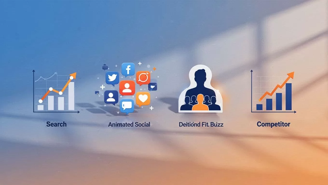 Horizontal sequence of four modern icons depicting trend validation: rising search graph, buzzing social media, fitting audience personas, and low competitor charts, in clean lines with blue-orange palette.