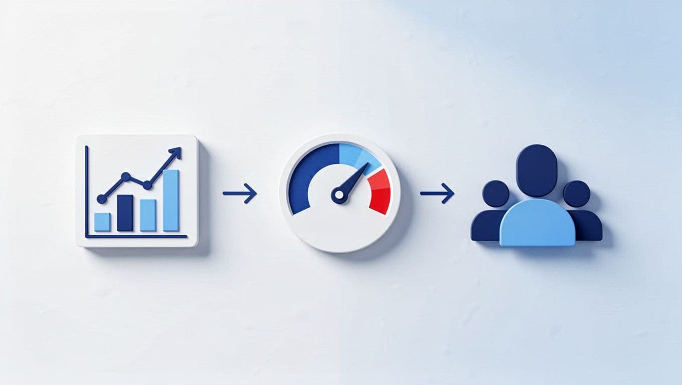 Step-by-step workflow diagram illustrating trend validation using Exploding Topics data, featuring icons for search interest graph, competition check, and audience fit connected by arrows in flat design with blues and whites.