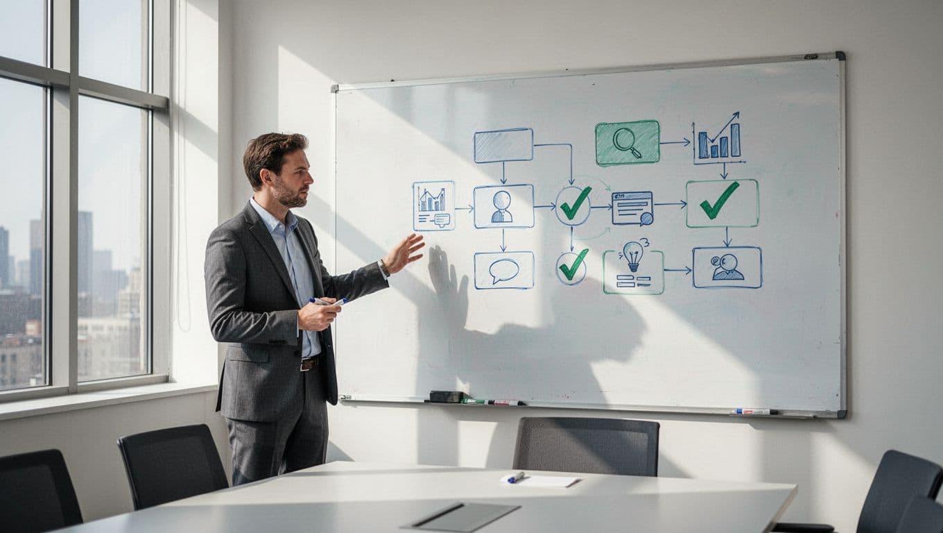 Modern illustration of a whiteboard flowchart in a conference room depicting evaluation criteria for trends including search growth, funding, and scalability, with checkmarks and a business professional holding a marker nearby.