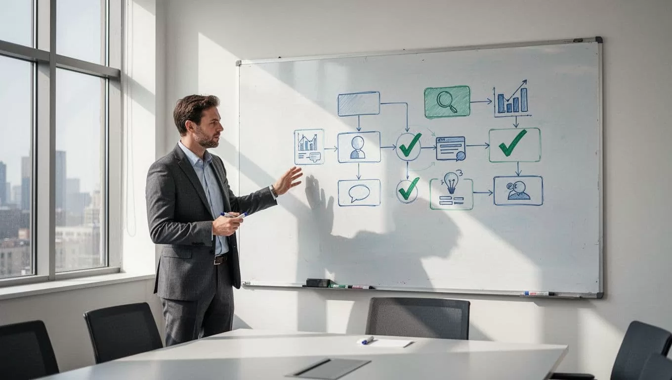 Modern illustration of a whiteboard flowchart in a conference room depicting evaluation criteria for trends including search growth, funding, and scalability, with checkmarks and a business professional holding a marker nearby.