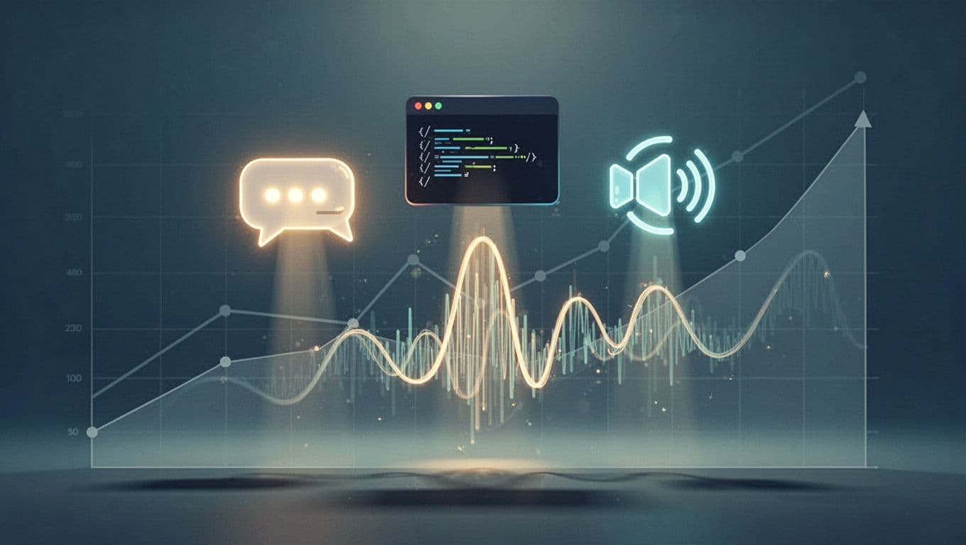 Modern abstract illustration with clean shapes in blue and green palette, featuring icons of trending AI tools like chatbot bubble, coding screen, video generator, and voice waveform floating upward on graphs in a digital space.
