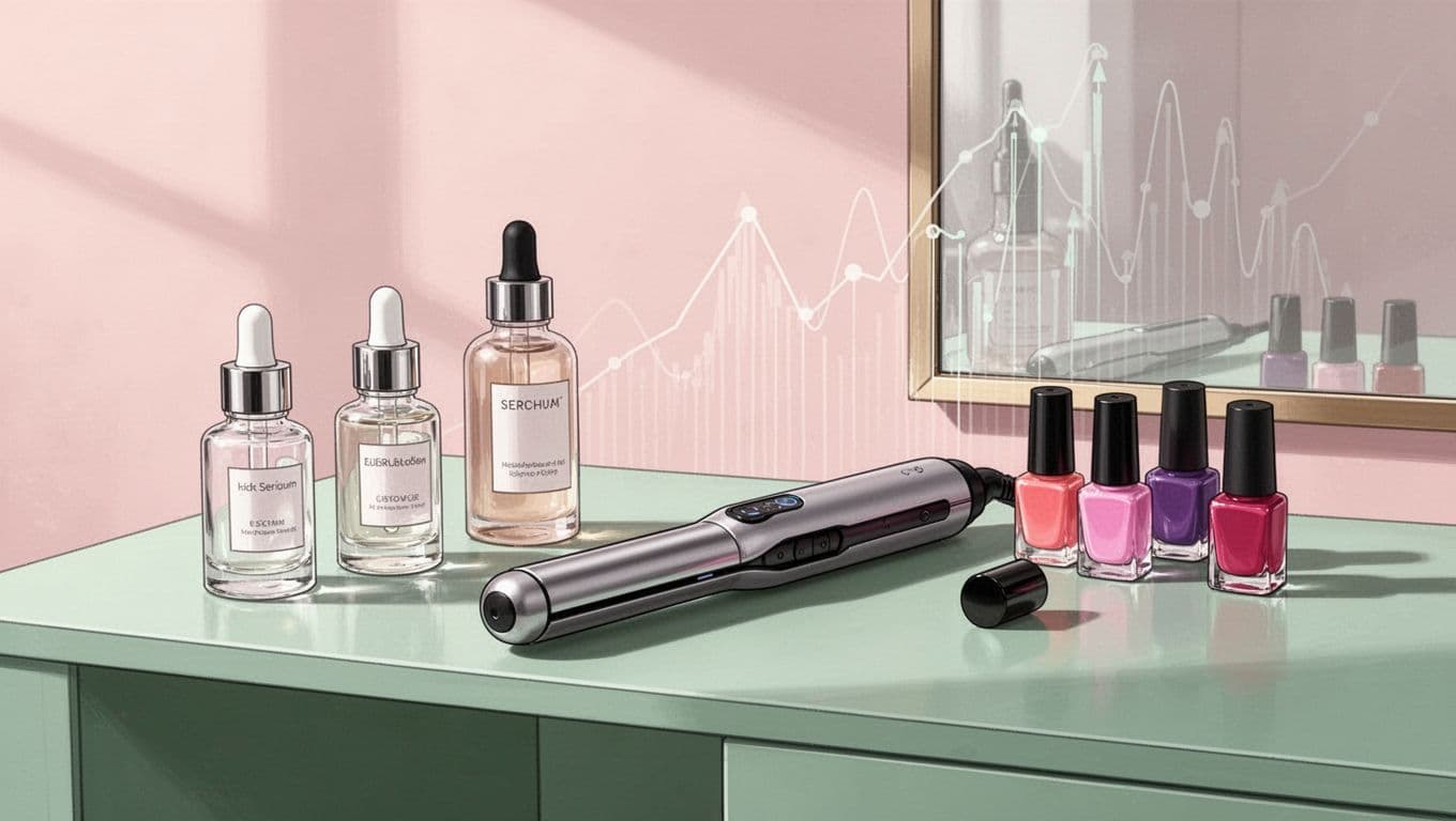 Modern illustration of various beauty products like serums, hair tools, and nail polish in a stylish vanity setup with faint rising trend graphs in the background, using clean shapes and soft pinks and greens.