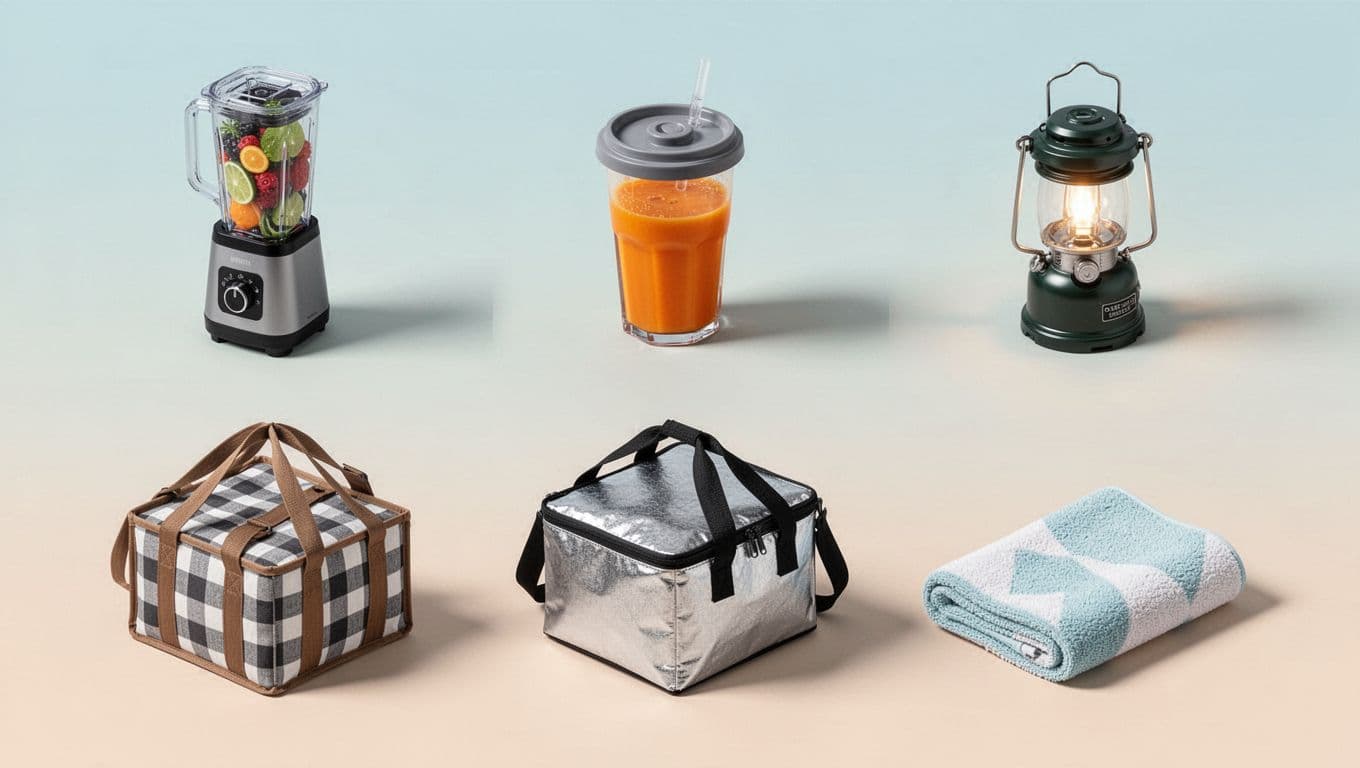 Modern isometric illustration of popular dropshipping products like portable blender, camping lantern, picnic tote, insulated bag, and exfoliating shower towel, neatly arranged on a subtle gradient background with clean shapes and vibrant colors.