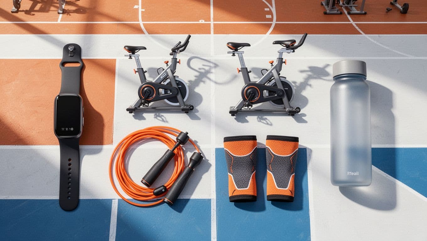 Modern illustration of popular trending fitness gear including Whoop band, Peloton bike, smart jump rope, and recovery compression sleeve arranged in a clean flat lay composition on a gym floor from above, using energetic oranges, blues, and whites.