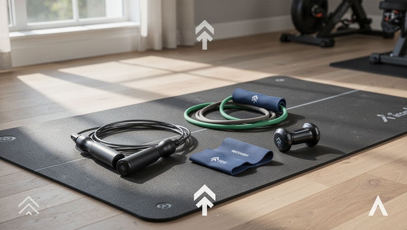 Modern illustration of fitness products like smart jump ropes, resistance bands, and recovery tools arranged on a gym mat with subtle upward trend arrows in a home gym setting under natural lighting.