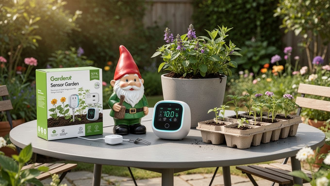 Modern illustration of clean shapes and controlled colors showcasing trending gardening products like sensor garden kits, porch geese, garden gnomes, smart planters, and seed starters arranged on a garden table in a natural outdoor patio with soft daylight.