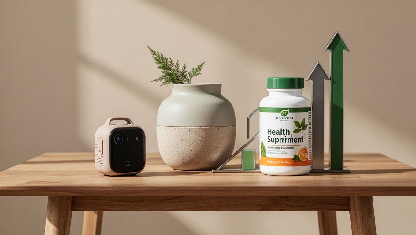Modern illustration of trending products like portable gadgets, sustainable items, and health supplements arranged on a table with upward arrow graphs, using earth tones and clean composition on a neutral background.